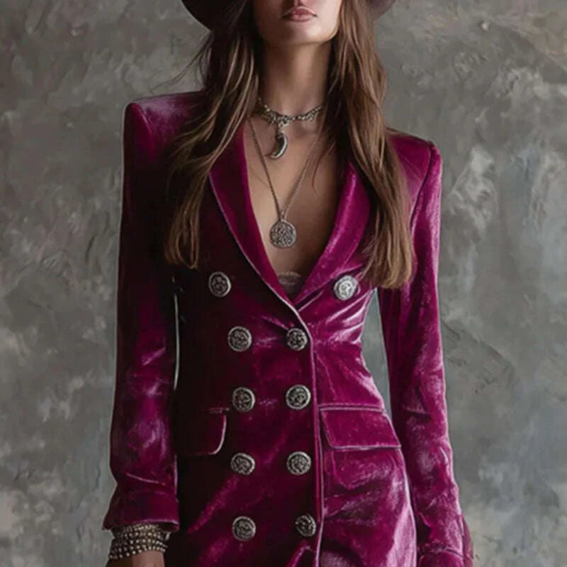 Fall Winter Double Breasted Velvet Cardigan Dress Woman Elegant Lapel