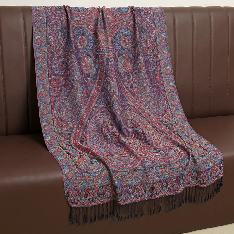 Cashmere Pashmina Shawl With Autumn Print Design, Olive Accents And Gold-Toned Fringe — Red | KIMLUD
