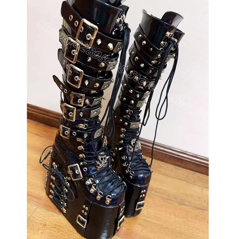 Black High Platform Belt Buckle Boots Round Toe Solid Punk Style for Women Spring Party Lace up Boots 2025 Zapatos Para Mujere