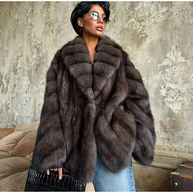 KIMLUD, Women Patchwork Faux Fur Coat Elegant Contrast Full Sleeve Lapel Loose Long Staple Plush Jacket Winter High Street Outerwears, KIMLUD Womens Clothes