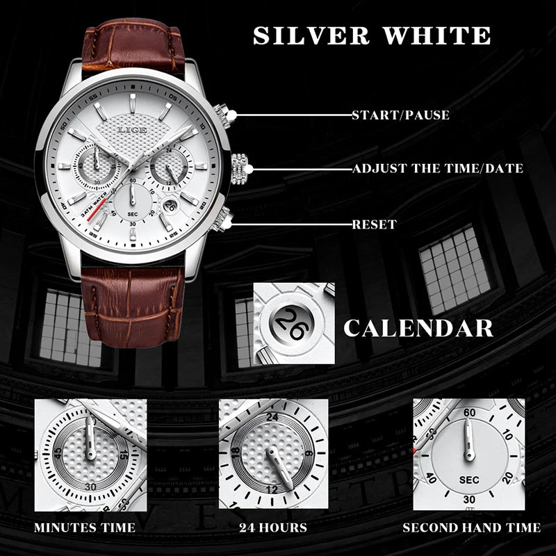 2024 LIGE Top Luxury Mens Watch Casual Business Quartz Watches Men Fashion Leather Wristwatch Waterproof Male Clock Reloj Hombre