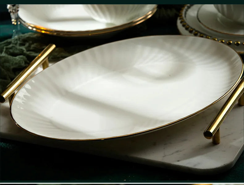 Bone China Dinnerware Set With Gold Accents — White | KIMLUD