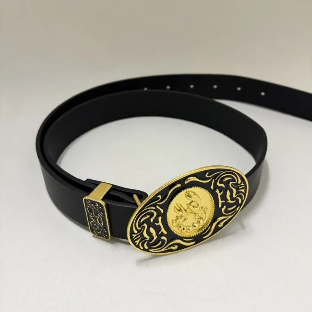 PU Leather Belt With Antique Gold Engraved Buckle — Black | KIMLUD