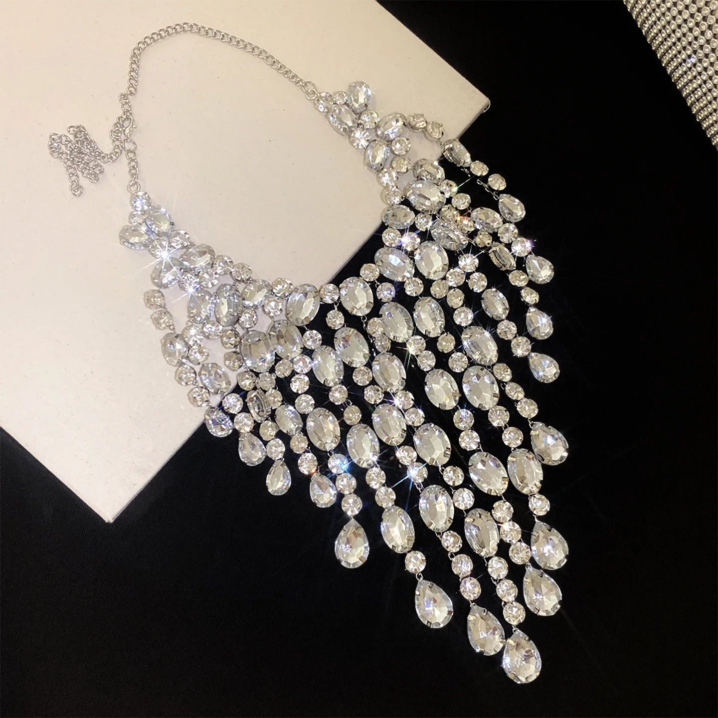Luxury Tassel Water Drop Rhinestone Choker Necklace for Women Oversized Sparkly Elegant Evening Party Wedding Statement Jewelry