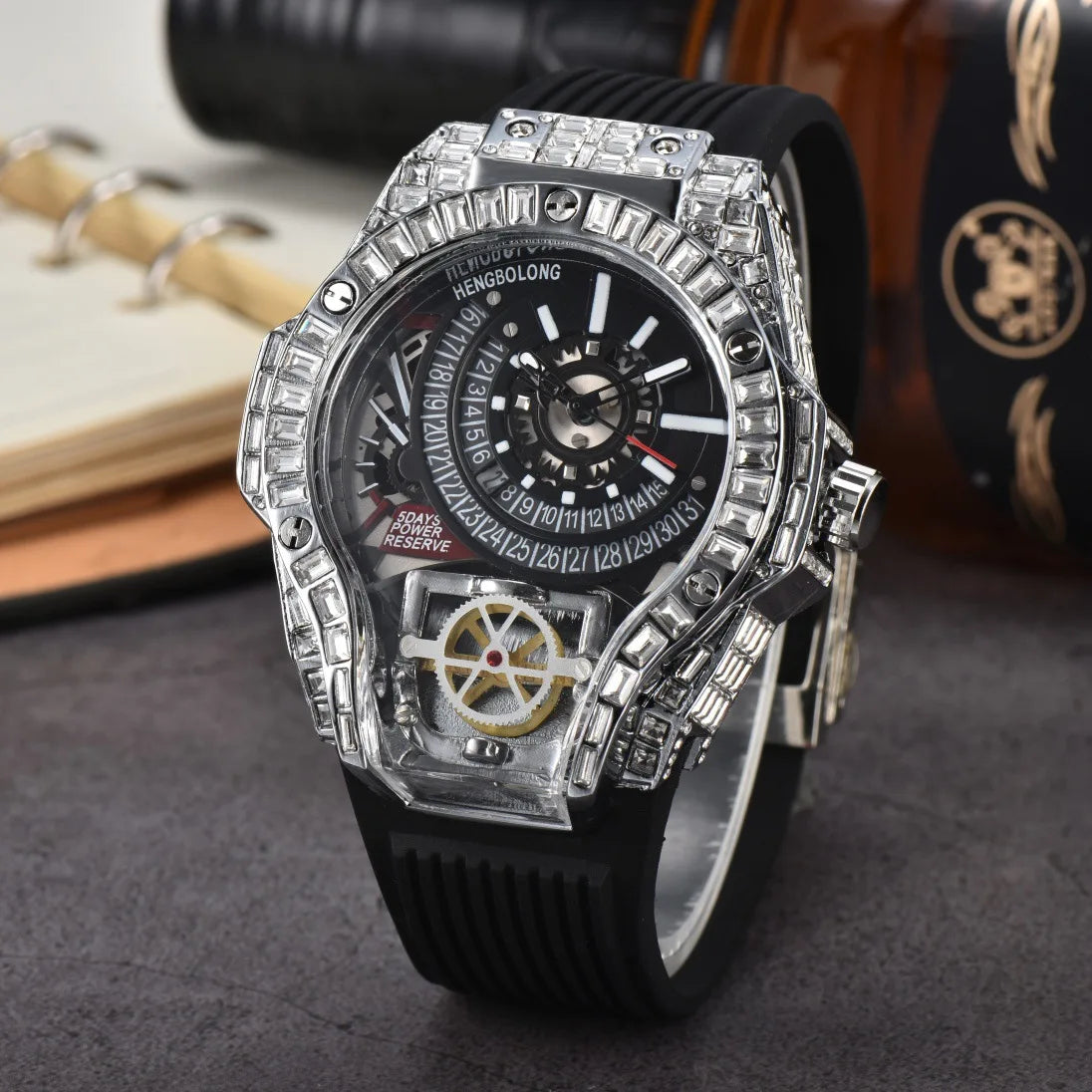 Luxury Diamond Case Mens Quartz Watches — Black | KIMLUD