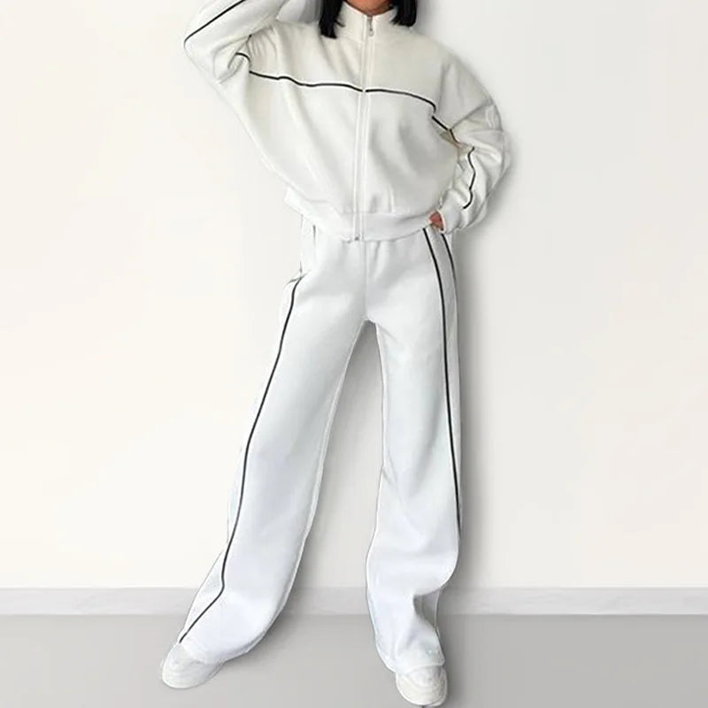 Lace-Up Cardigan Sweatshirt Two-Piece Set Lace-Up Trim — Cream-Ivory | KIMLUD