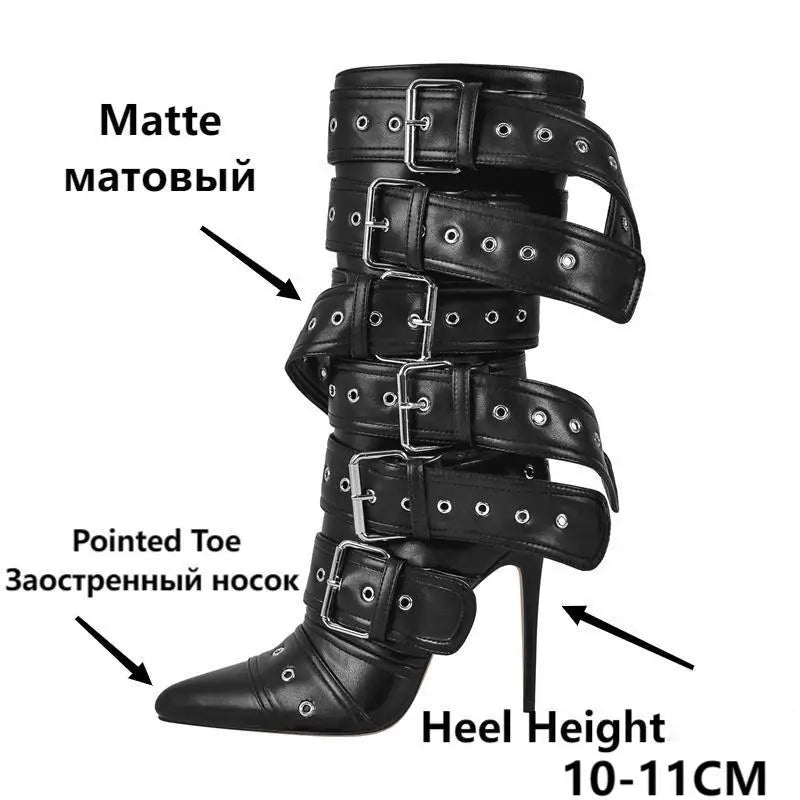 Onlymaker Women Pointed Toe Mid-Calf Boots Buckle Strap Thin High Heel Lady Zipper Female Stiletto Boots