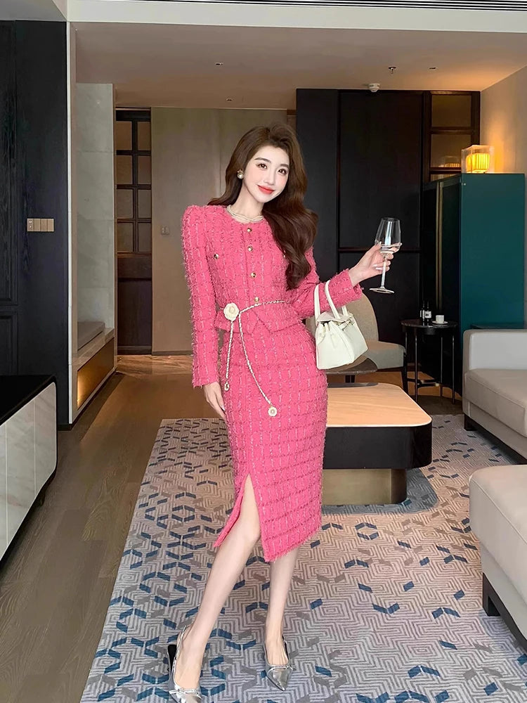 KIMLUD, Autumn Fashion Rose Red Woolen Two Piece Set Women Golden Button Chain Belt Tweed Short Jacket Coat+Split Midi Skirt Suit, KIMLUD Womens Clothes