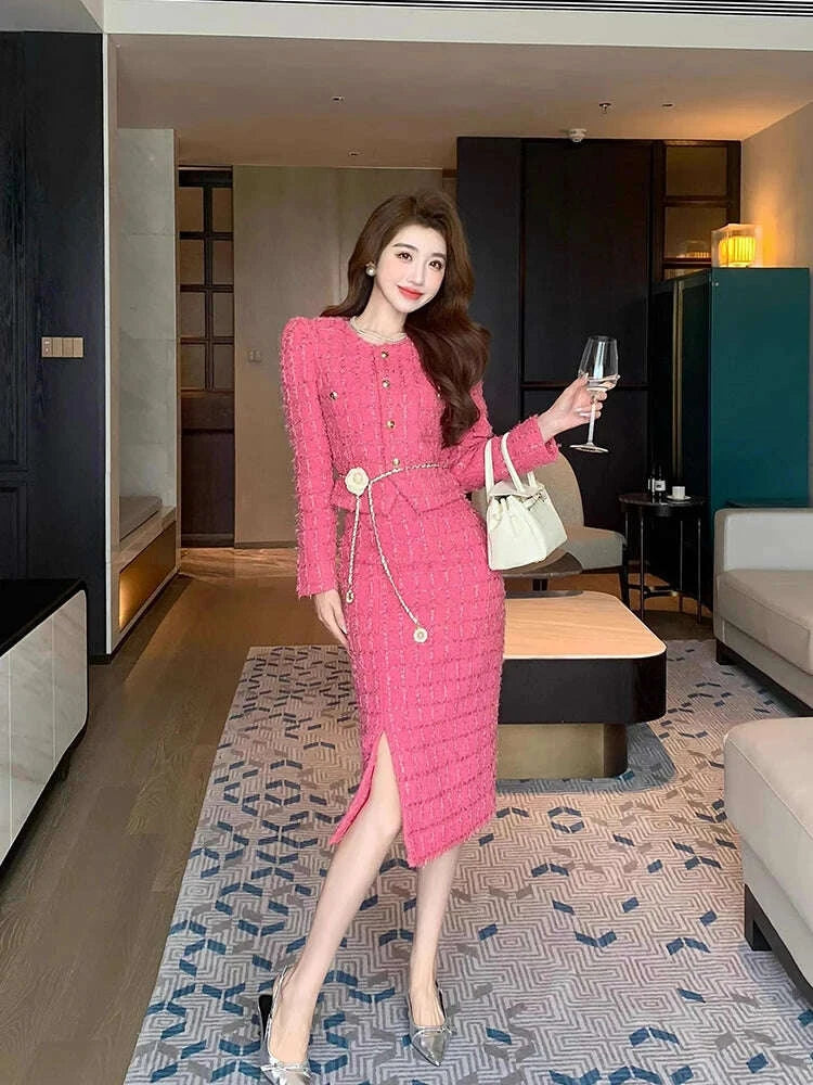 KIMLUD, Autumn Fashion Rose Red Woolen Two Piece Set Women Golden Button Chain Belt Tweed Short Jacket Coat+Split Midi Skirt Suit, KIMLUD Womens Clothes