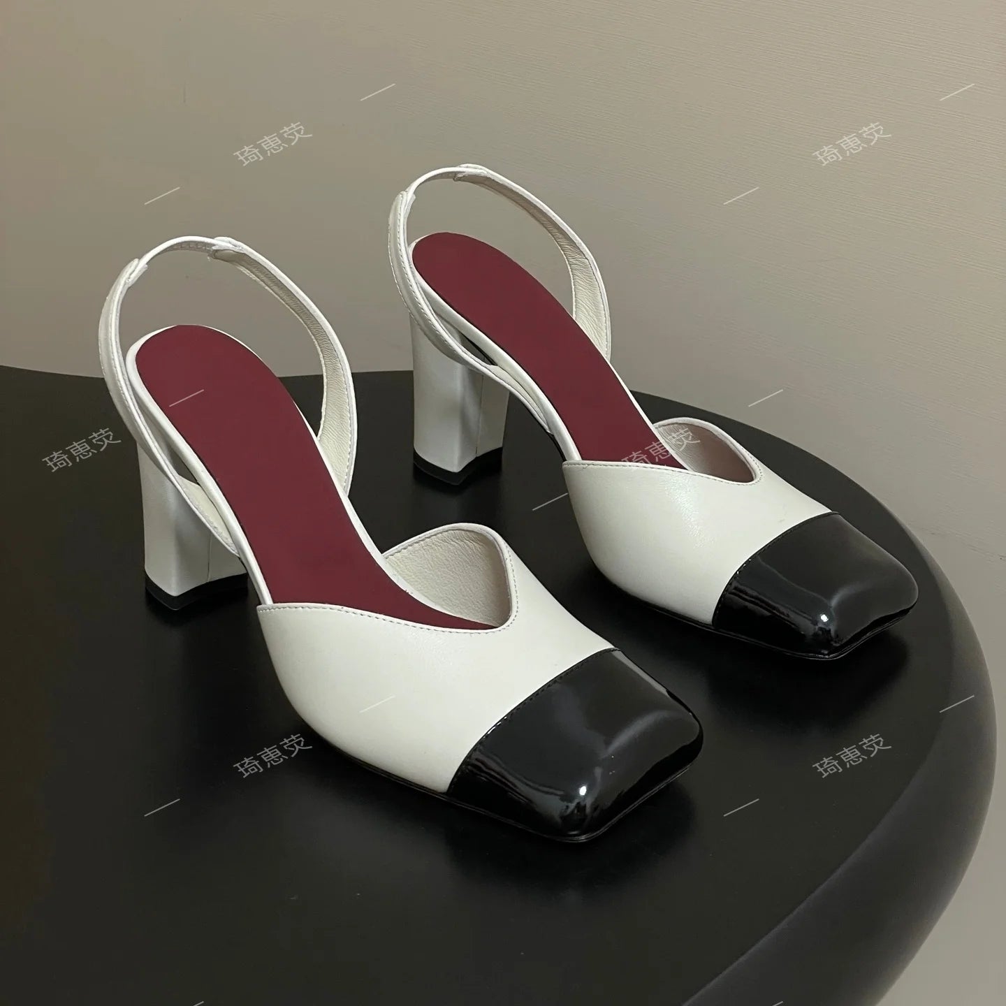 Genuine Leather Patchwork Slingback Sandals Thick Heel With Glossy Toe Cap — Beige | KIMLUD