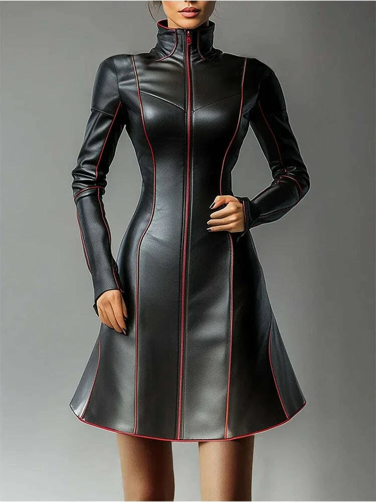 KIMLUD, Women Pleated A-Line PU Leather Dress Long Sleeve Grunge Vintage Casual High Street Turtleneck Long Sleeve Mini Dresses 2025, KIMLUD Womens Clothes