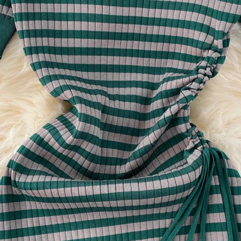 Knit Striped Bodycon Maxi Dress — Emerald Green | KIMLUD