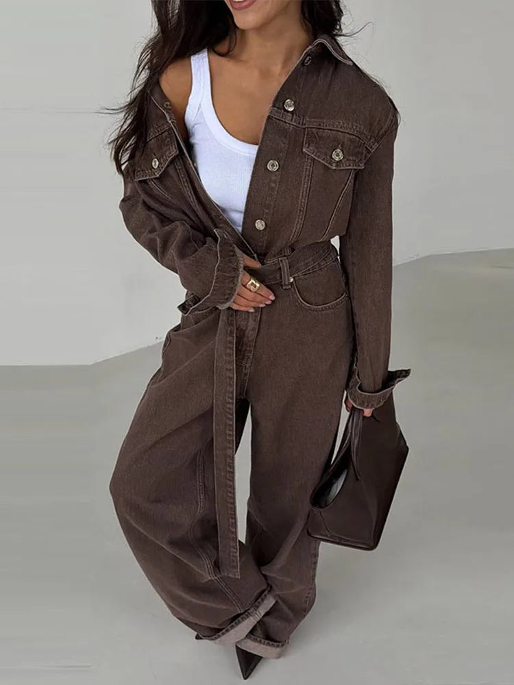 Denim-Inspired Jumpsuit Turn-Down Collar Lace-Up Full Sleeve Wide-Leg — Brown | KIMLUD