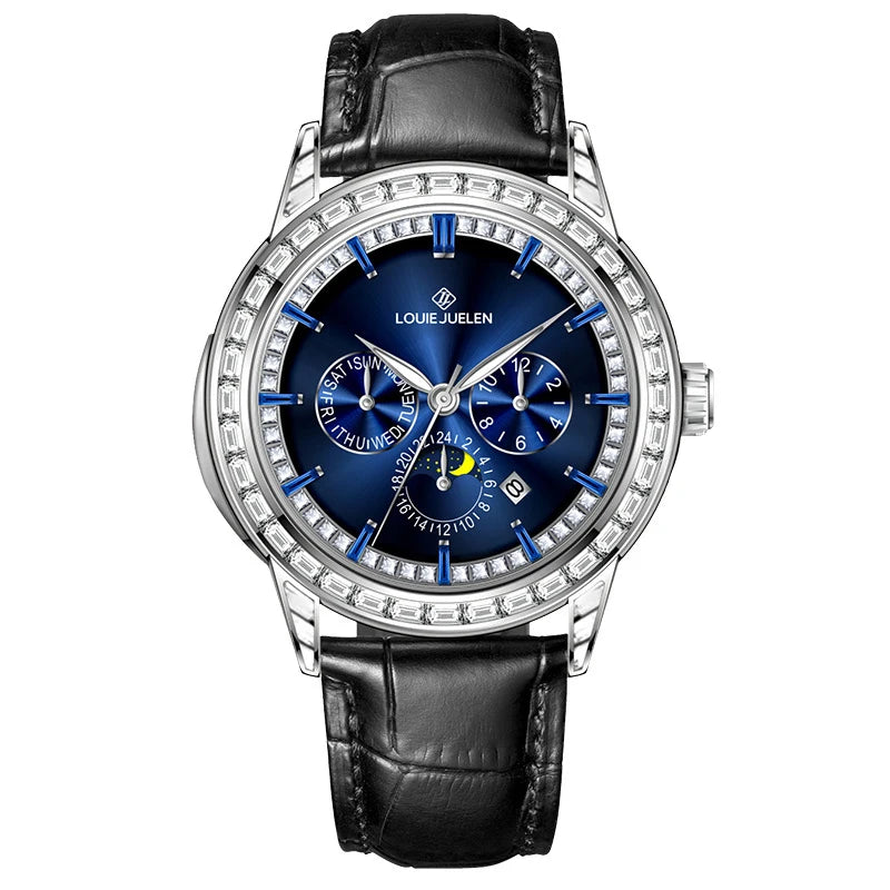 New Automatic Watch for Men Fashion Leather Strap Waterproof Moon Phase Diamond Bezel Week Calendar Luxury Mechanical Man Watch