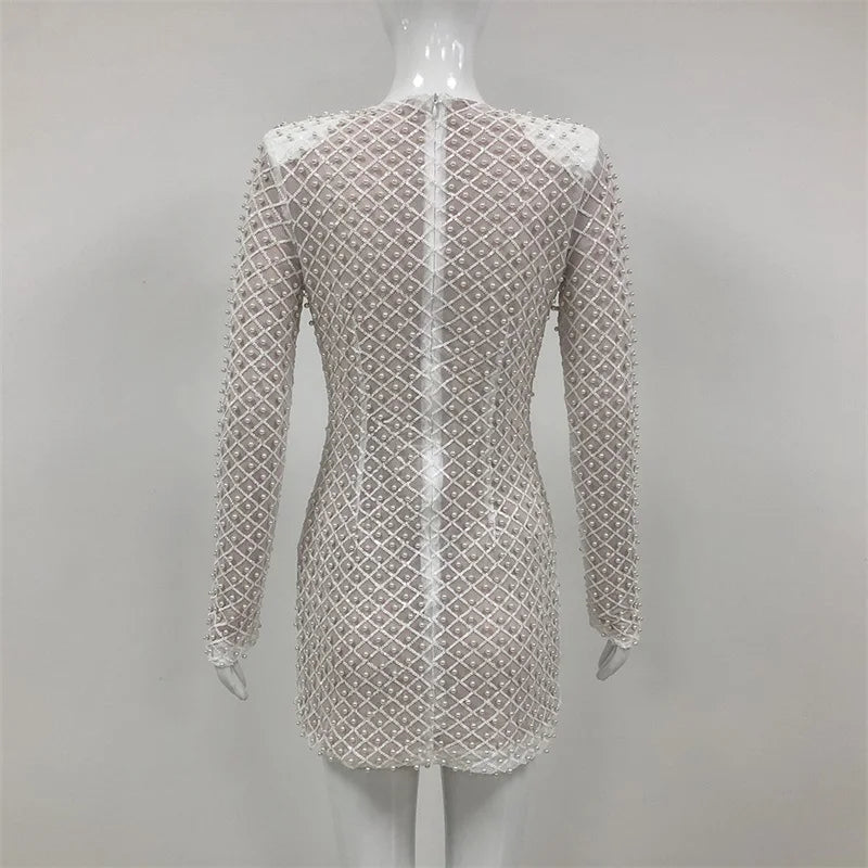 Pearl-Dusted Sheath Dress With Black Satin Bow Neck — White | KIMLUD