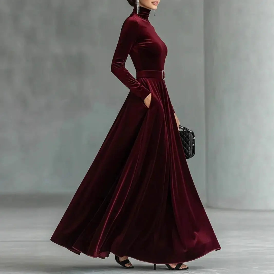 Velvet High Collar Evening Gown Mid-Waist Draped Skirt — Black | KIMLUD