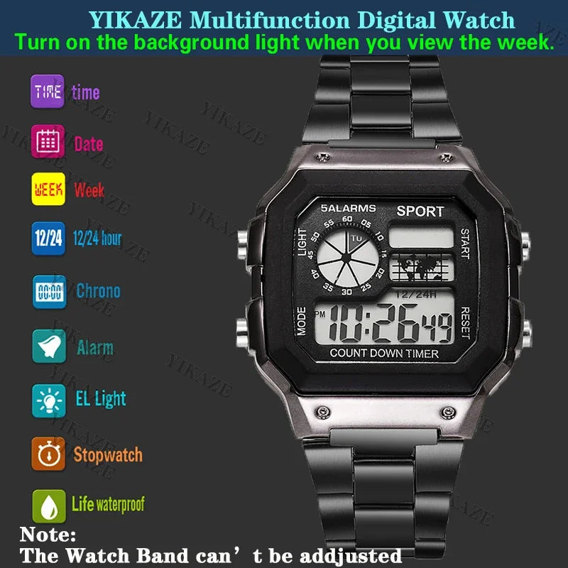Stainless Steel Digital Watch Military LED Display — Silver | KIMLUD