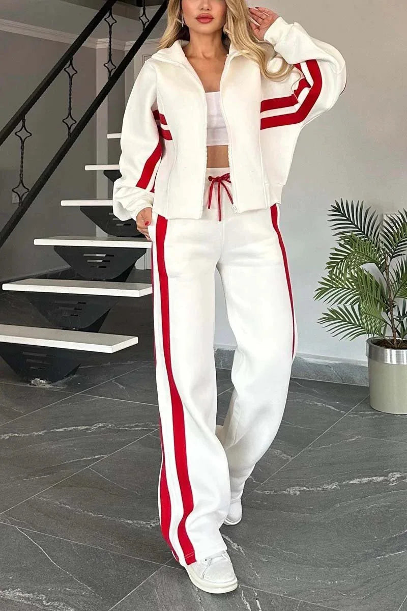Y2K Striped Hoodie Set Loose Fit Jacket — White With Red Stripes | KIMLUD