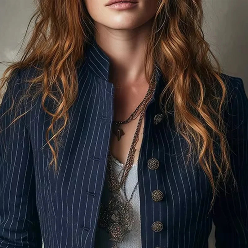 American Style Slim Fit Stripe Jacket Outerwear Lady Autumn Fashion Elegant Stand Collar Single Breasted Coat For Women Top