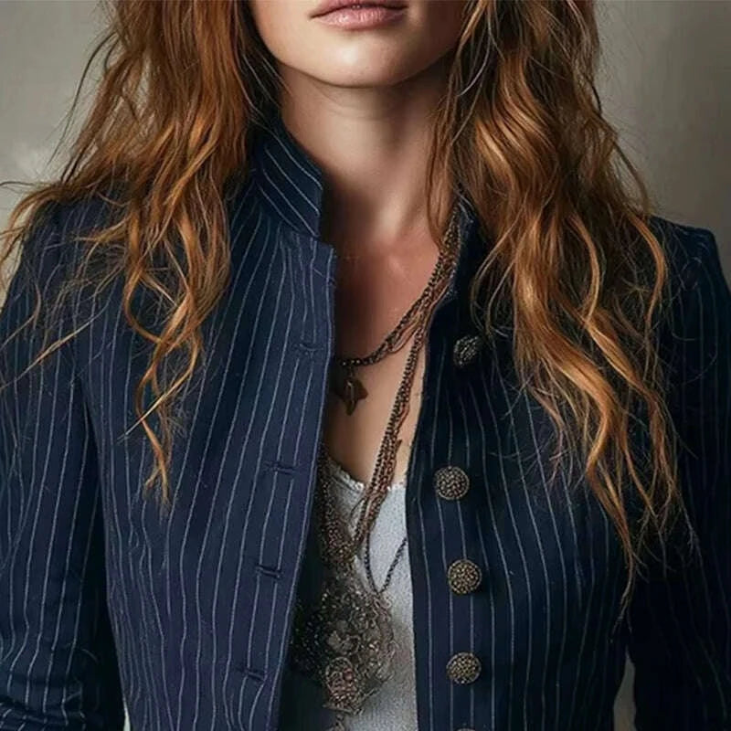 KIMLUD, American Style Slim Fit Stripe Jacket Outerwear Lady Autumn Fashion Elegant Stand Collar Single Breasted Coat For Women Top, KIMLUD Womens Clothes