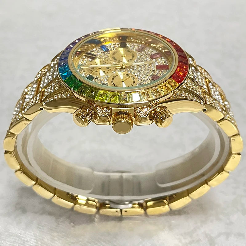 Stainless Steel Smartwatch Hip Hop Rainbow Pavé Diamonds — Gold | KIMLUD