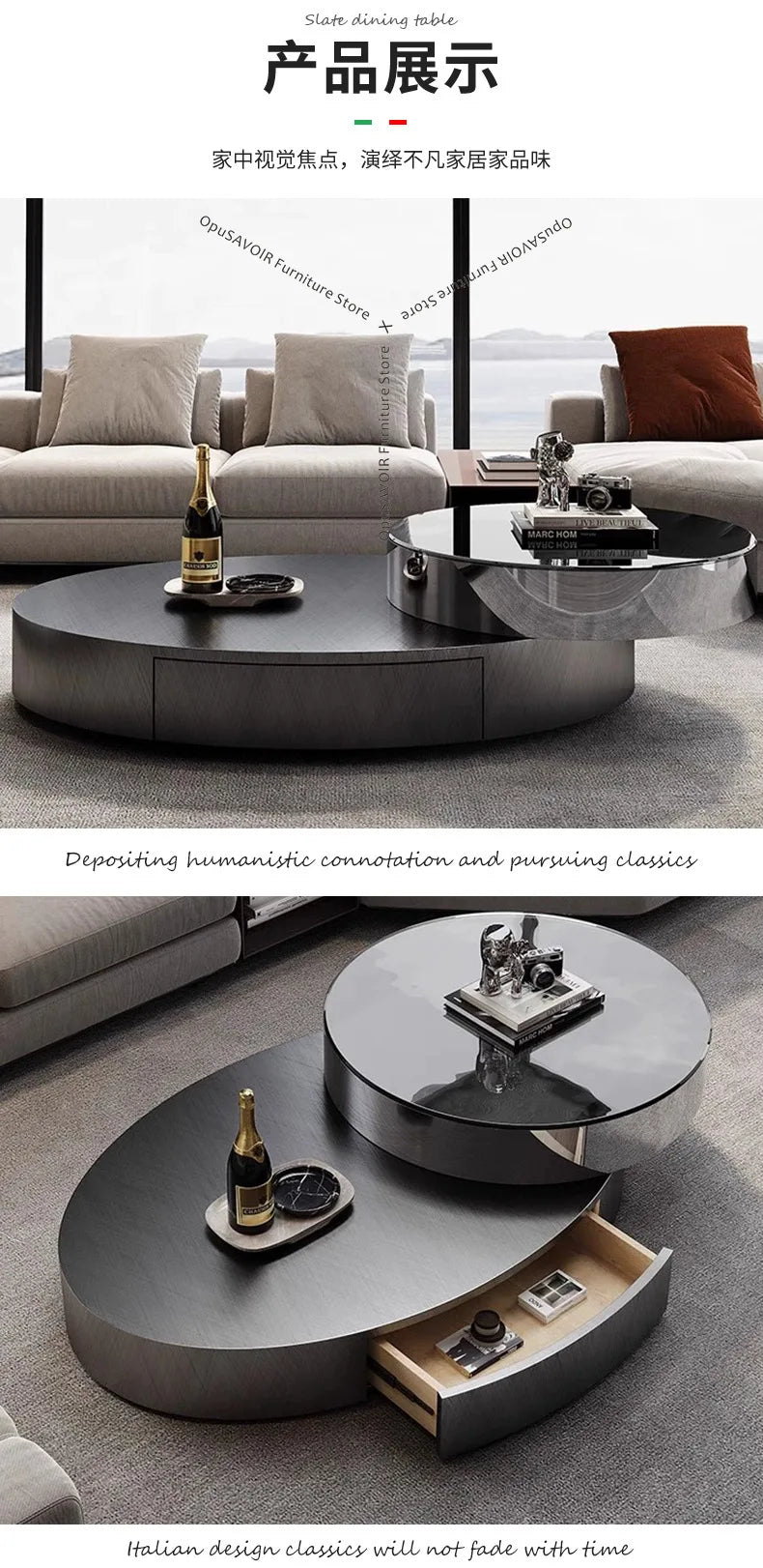 Italian Luxury Coffee Tables Oval Rotating Center — Champagne Gold | KIMLUD