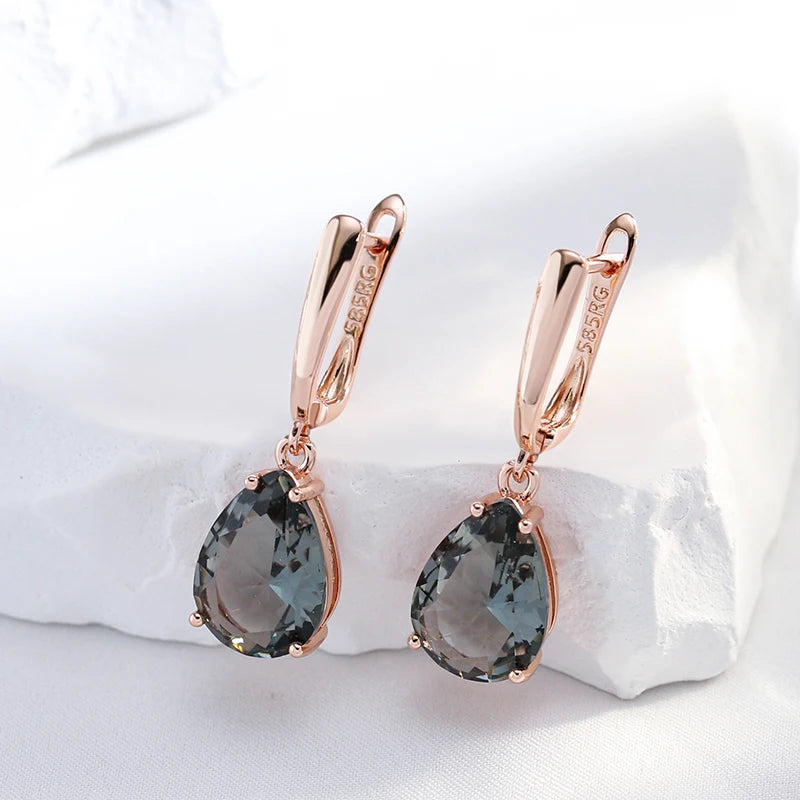 Kinel New Grey Crystal Long Water Drop Dangle Earrings Women 585 Rose Gold Color With Natural Zircon High Quality Daily Jewelry