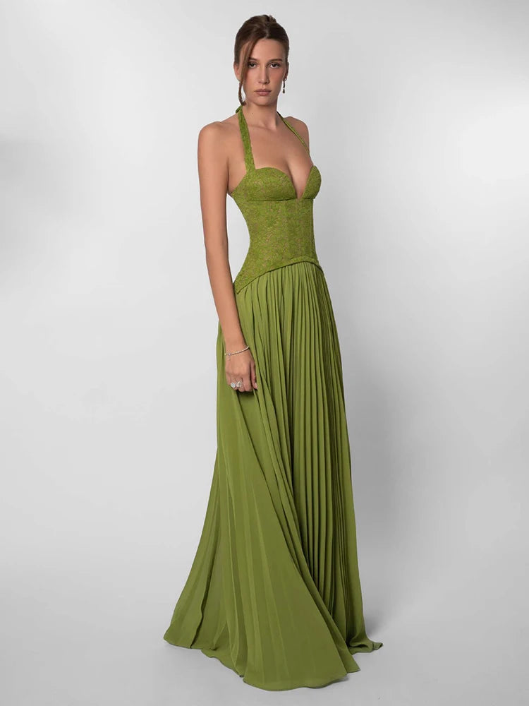 Maxi Dress – Halter Neck Lace Corset Backless – A-Line – Green | KIMLUD