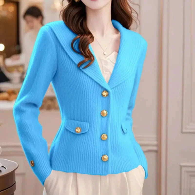 KIMLUD, Autumn/Winter Flip Collar Korean Women's Knitting Cardigan Sweater Jacket Long Sleeve Versatile Ladies Sweater Coat JJ407, KIMLUD Womens Clothes