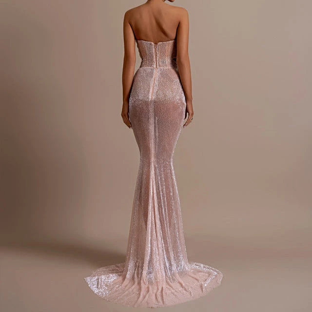 Evening Dress – Strapless Beaded Sequin – Mermaid – Red | KIMLUD