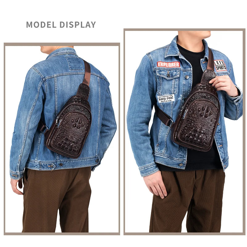 Genuine Leather Crossbody Bag Vintage Crocodile Pattern — Cognac | KIMLUD