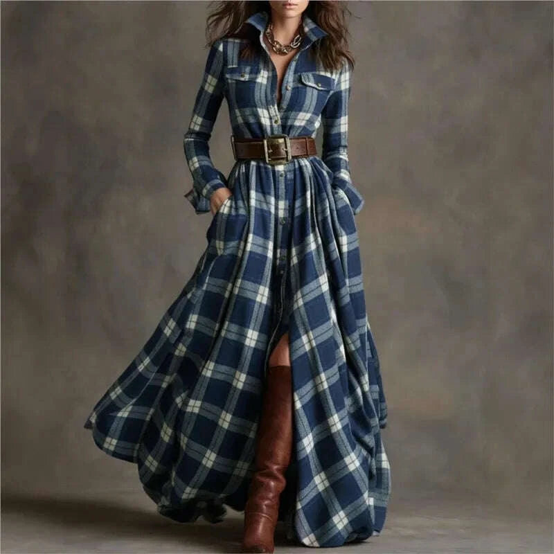 KIMLUD, Retro Women's Shirt Maxi Dress Autumn Casual Long Sleeve Button Pocket Plaid Print Lapel Retro Long Dresses For Womem Vestidos, KIMLUD Womens Clothes