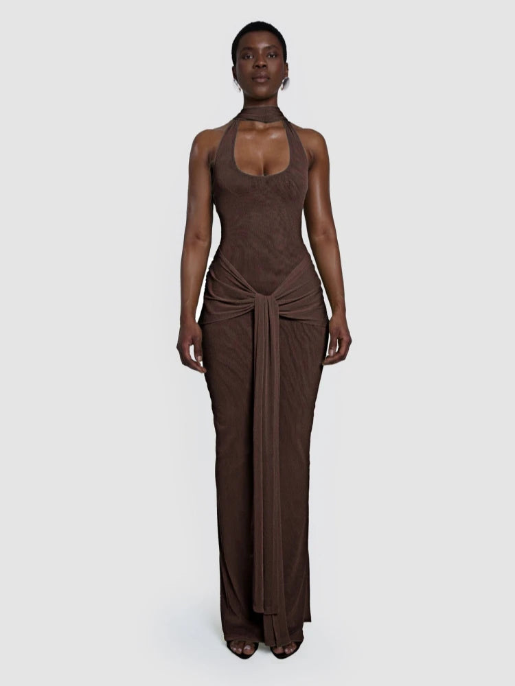 Backless Halter Dress - Draped Silhouette - Polyester - Brown | KIMLUD