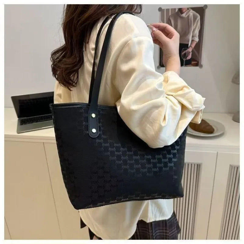 Textured Canvas Tote Handbag With Checkered Design — Black | KIMLUD