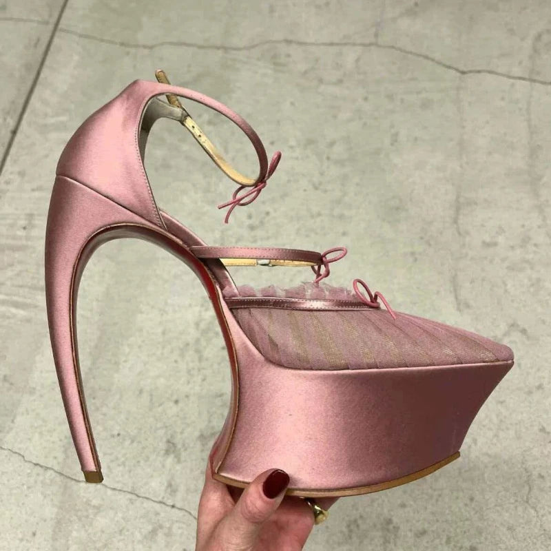 PU Stiletto Sandals Silk Bow Buckle — Soft Pink | KIMLUD