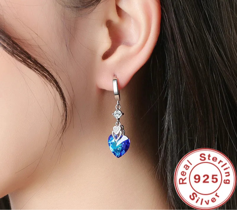 925 Sterling Silver Earrings Blue Crystal Heart-Shaped Zircon Earrings For A Woman'S Engagement Charm Jewelry Gift - KIMLUD