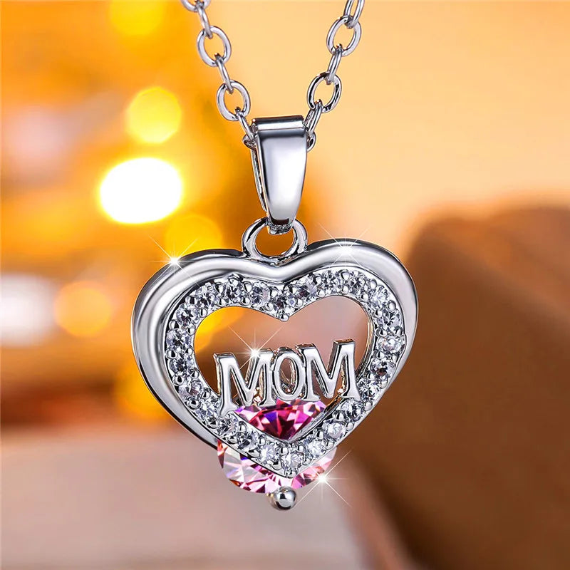 Crystal Luxury White Zircon Stone Heart Mom Letter Pendant Necklace Vintage Wedding Jewelry For Women Mother's Day Gift