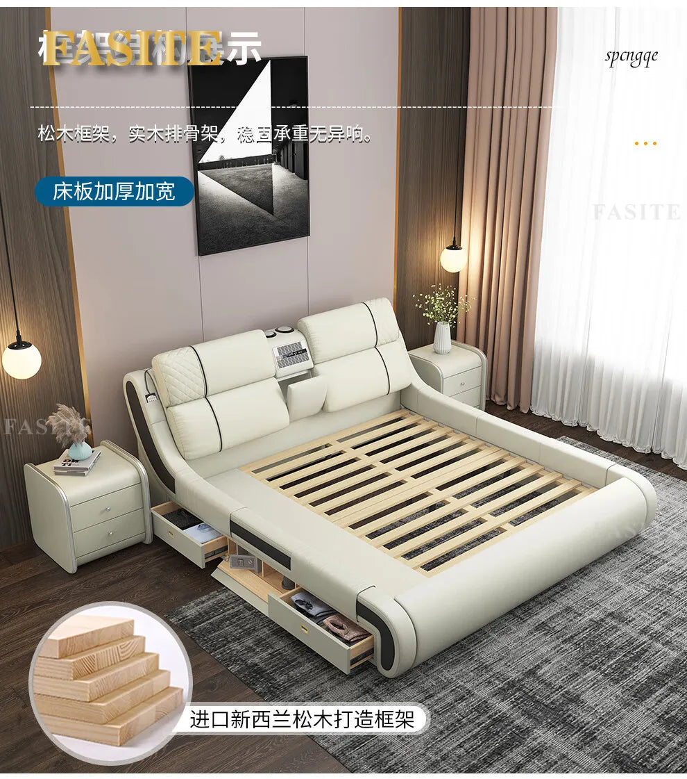 Modern Simple Massage Bed Luxury Water Proof Design Bedframe Double Bed Smart White Nordic Furniture