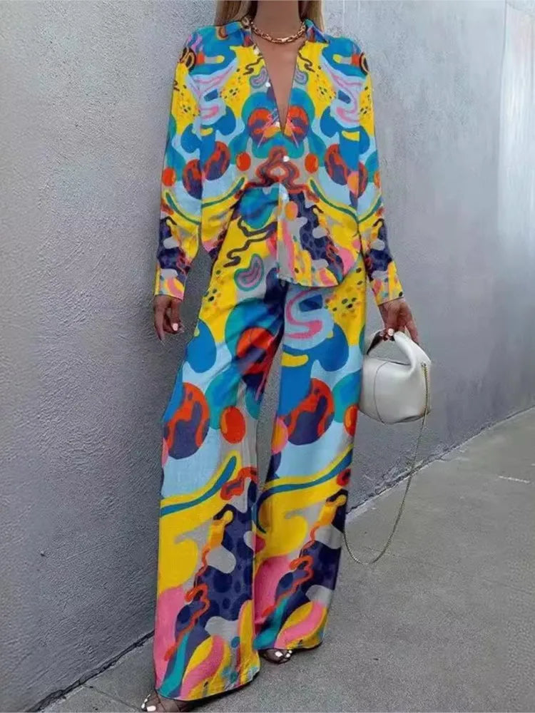 Two Piece Pant Set – Print Shirt and Wide Leg Pants – Broadcloth | KIMLUD