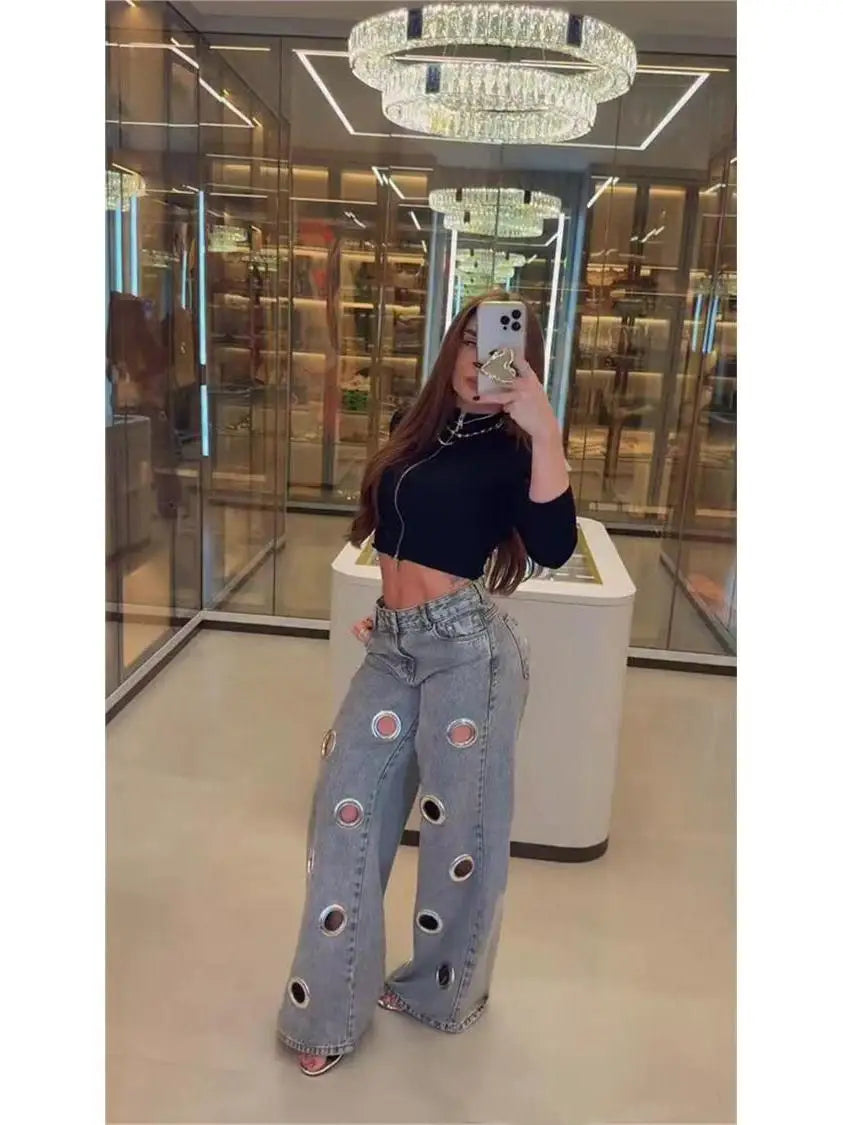 Pants High Waist Hollow Out Pants & Leggings Denim Straight Leg — Blue | KIMLUD