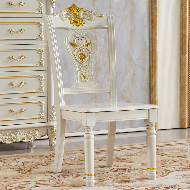 Solid Wood Dining Table Set Carved Floral — White | KIMLUD