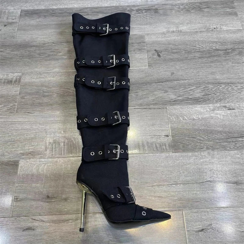 New Women's Denim Metal Rivet Buckle Sandals Women's Sexy Punk Style Pointed Hollow Metal 11cm High Heel Knee High Boots Size43