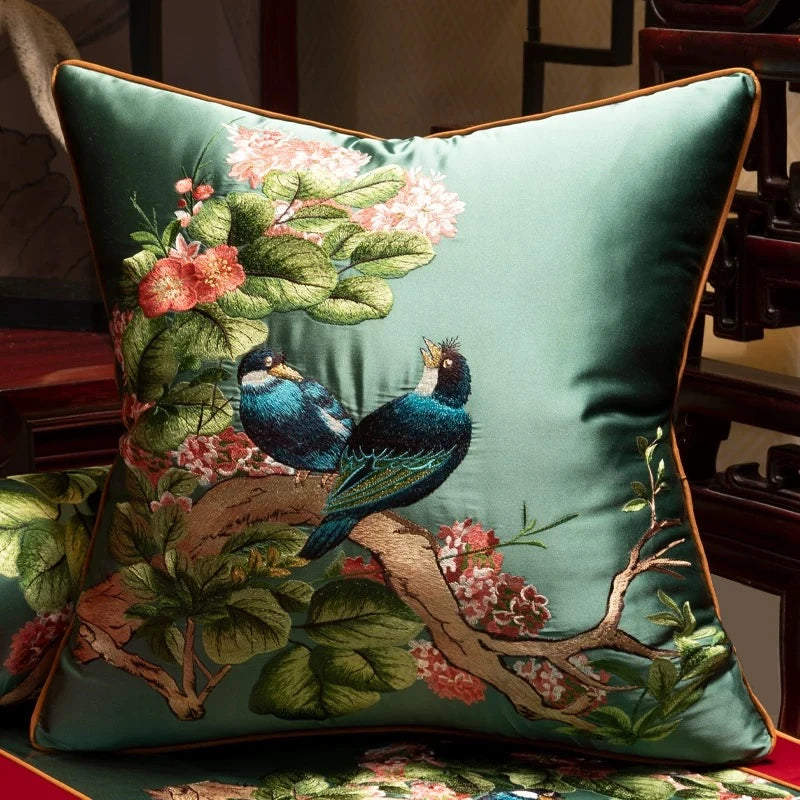 Luxurious Embroidered Silk-like 2 Magpies Square Home Sofa Decorative Pillow Case 3 Colors No Insert 18x18" 1 Piece Pack