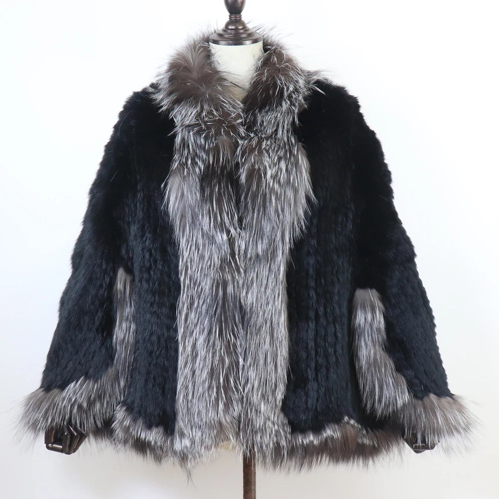 Hot Women Knitted 100% Real Rabbit Fur Shawl Winter Warm Genuine Rabbit Fur Pashmina Coat With Fox Fur Collar For Female Fashion