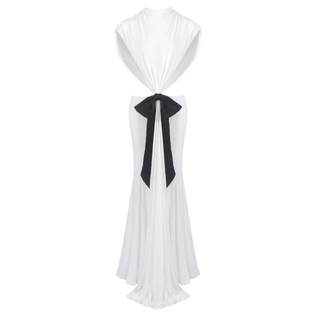 VC Stylish Chic White Halter Sleeveless Backless Cutout with Bow Detail Maxi Dress Evening Gown