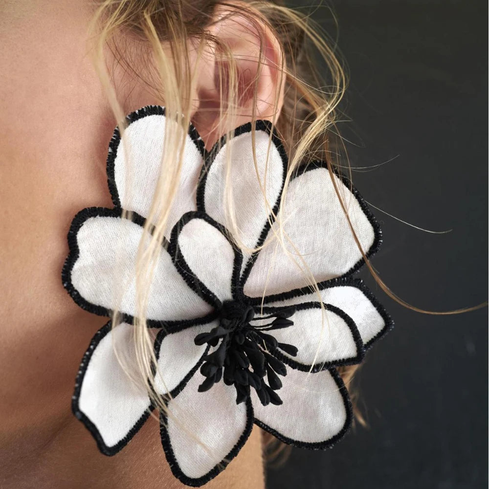 Large Flower Earrings Embroidered — White | KIMLUD