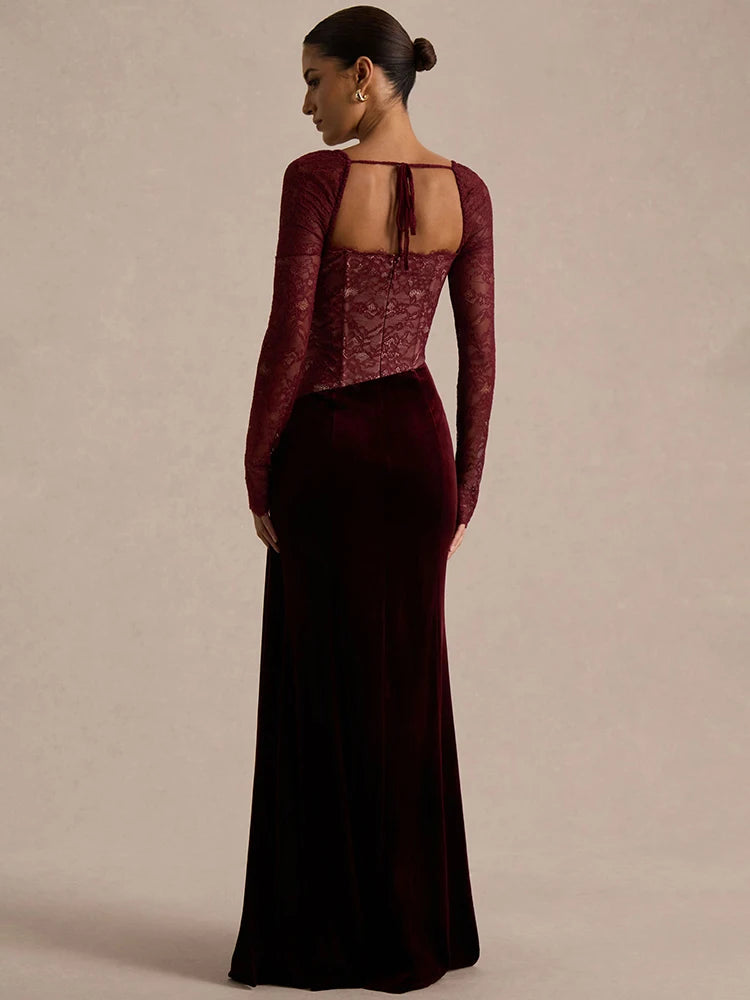 Lace Velvet Maxi Dress Square-Neck See-Through Backless — Black | KIMLUD