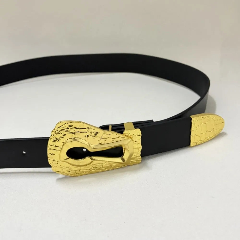 PU Leather Belt With Antique Gold Engraved Buckle — Black | KIMLUD