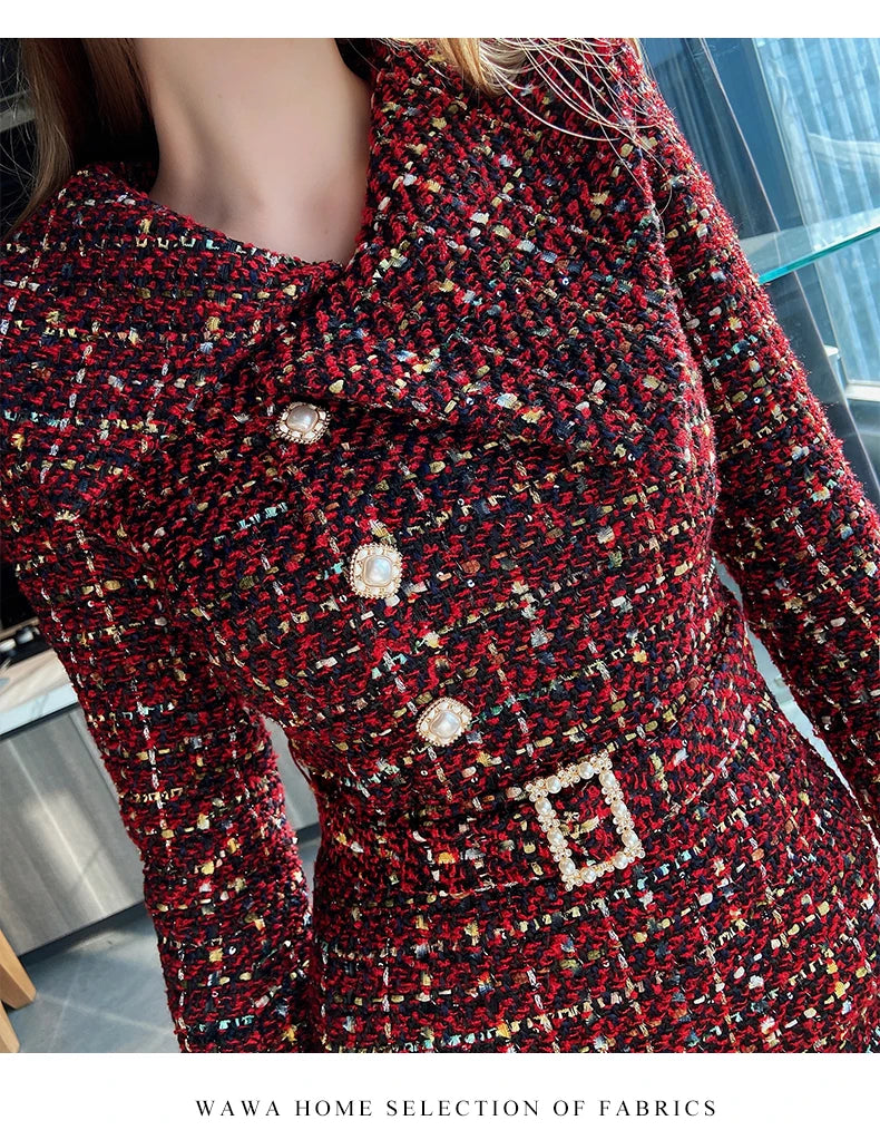 Tweed Dress Asymmetric Large Lapel Slimming — Black | KIMLUD