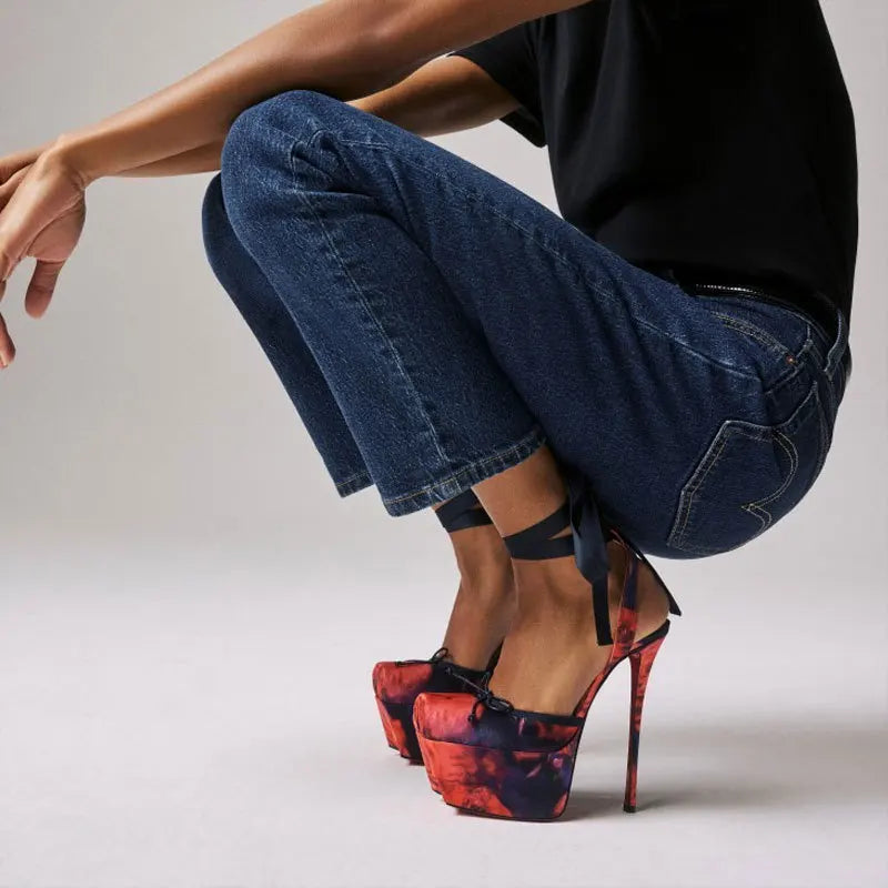 Silk Sandals Lace-Up Square Toe Platform Heels — Black | KIMLUD